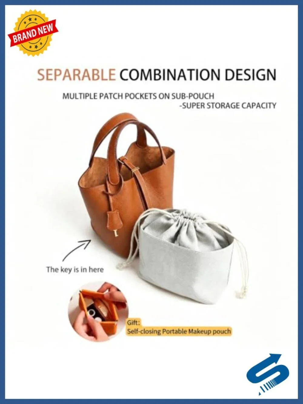 Genuine Leather Bucket Bag Women Tote Handbag with Lock Design, Detachable Pouch